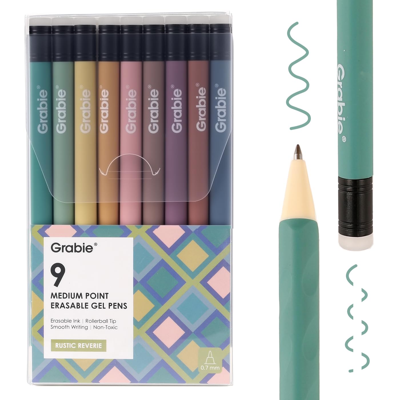 Grabie Erasable Gel Pens, 9 Medium Point 0.7 mm Pens, Classic