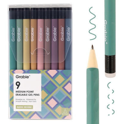 Grabie Erasable Gel Pens, 9 Medium Point 0.7 mm Pens, Classic