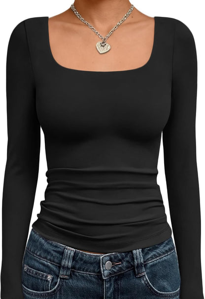 Trendy Queen Womens Square Neck Long Sleeve Shirts Double Lined Fall Tops