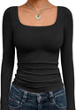 Trendy Queen Womens Square Neck Long Sleeve Shirts Double Lined Fall Tops
