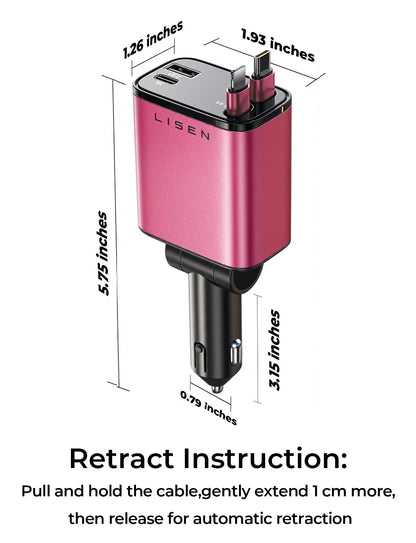 LISEN Retractable Car Charger, 84W Car Charger USB C Fast Charge, 4 in 1