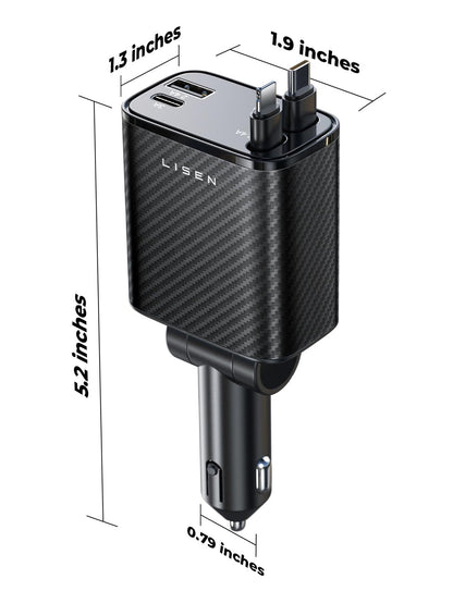 LISEN Retractable Car Charger, 84W Car Charger USB C Fast Charge, 4 in 1