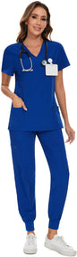 COZYFIT Scrubs for Women Set - Stretch V-Neck & Jogger Pant with 9 Pockets