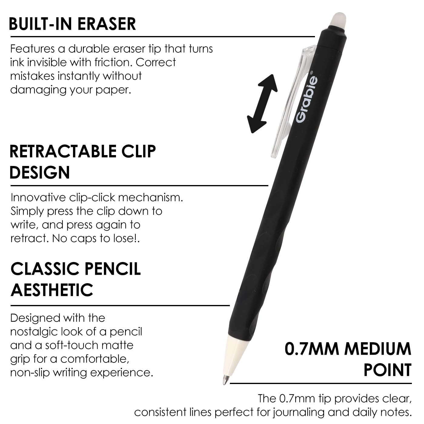Grabie Erasable Gel Pens, 9 Medium Point 0.7 mm Pens, Classic