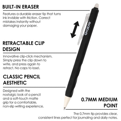 Grabie Erasable Gel Pens, 9 Medium Point 0.7 mm Pens, Classic