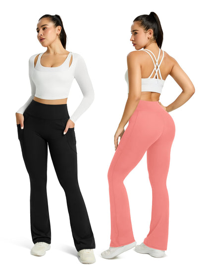 Womens Flared Yoga Pants with Pockets, High Waisted Flare Leggings Bell Bottom Bootcut Yoga Dress Pants
