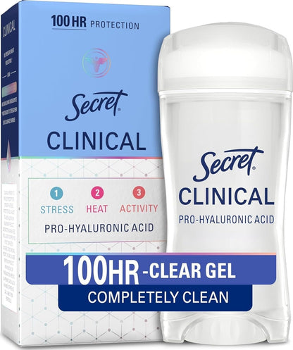 Secret Clinical Strength 100HR Sweat & Odor, Clear Gel Antiperspirant Deodorant for Women, 3X Stress Protection with Hyaluronic Acid, PH Balancing Minerals, Clear Lavender Scent, 2.6 oz