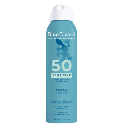 Blue Lizard Sensitive Mineral SPF 50 Sunscreen Lotion, 100% Mineral Sunscreen, UVA/UVB Protection, Infused with organic Aloe Vera, Soothes and Hydrates, 5 fl oz