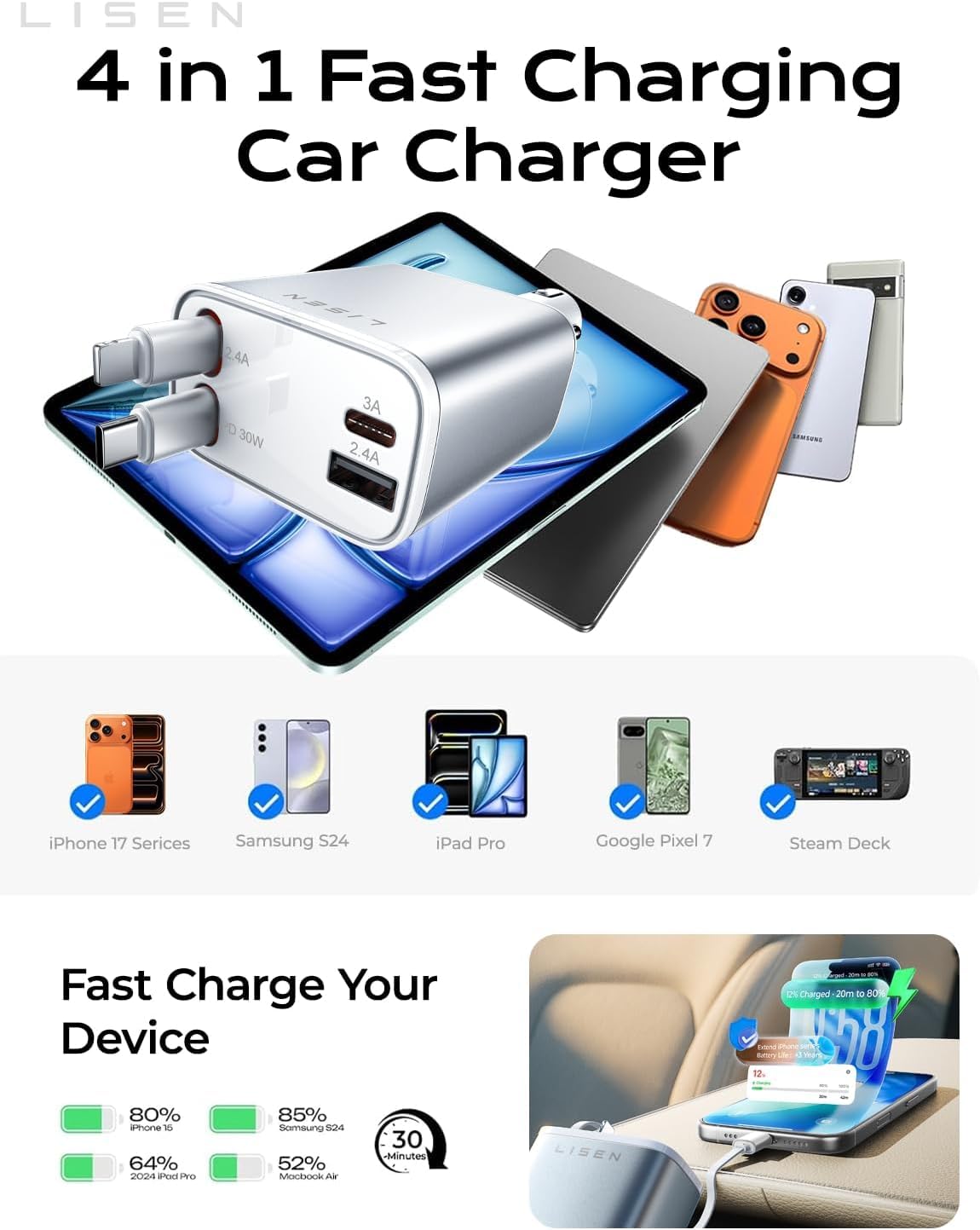 LISEN Retractable Car Charger, 84W Car Charger USB C Fast Charge, 4 in 1