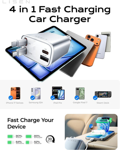 LISEN Retractable Car Charger, 84W Car Charger USB C Fast Charge, 4 in 1