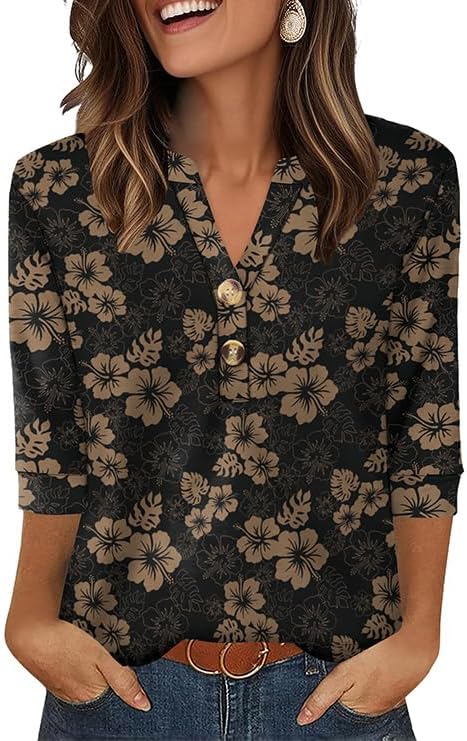 OFEEFAN Womens Tops 3/4 Sleeve Henley Shirts for Women Summer Outfits Fashion Clothing