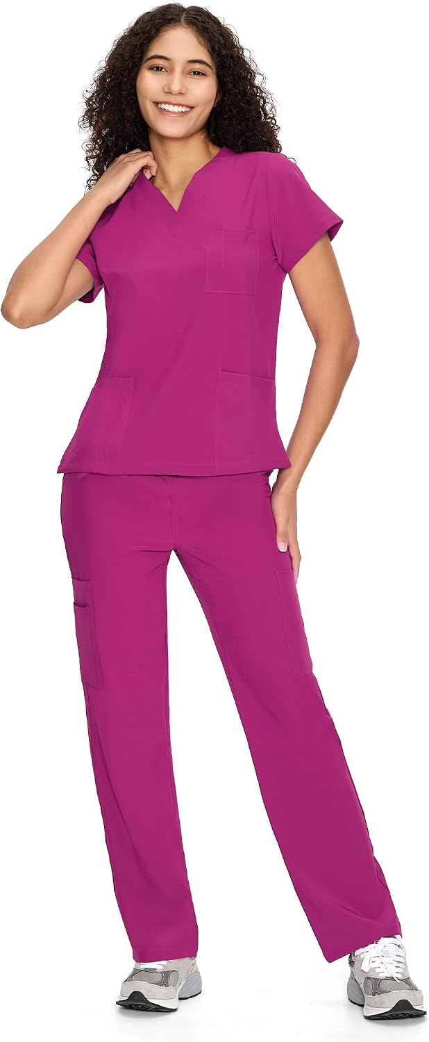 COZYFIT Scrubs for Women Set - V-Neck & Straight Leg Pants with 9 Pockets