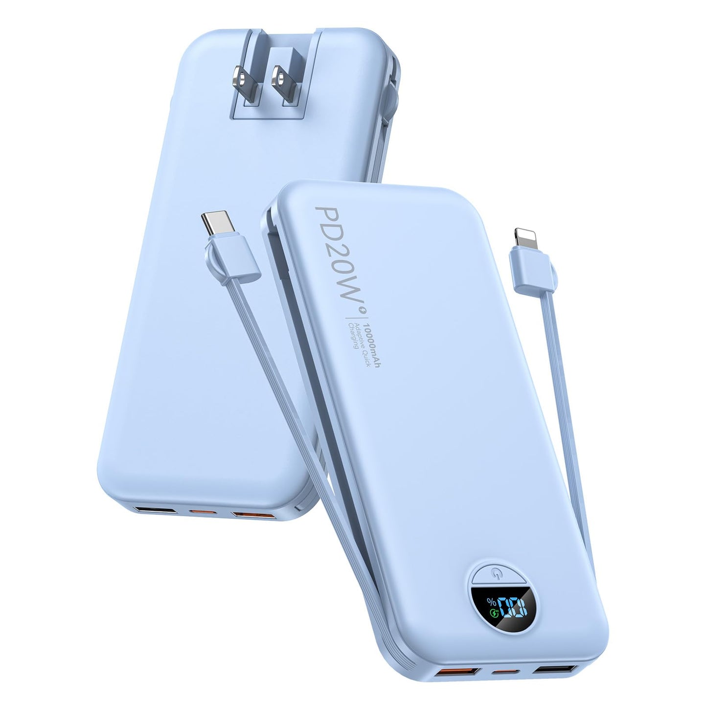 citicr Portable Charger 10000mAh PD20W w/Built-in Cables & Wall Plug White