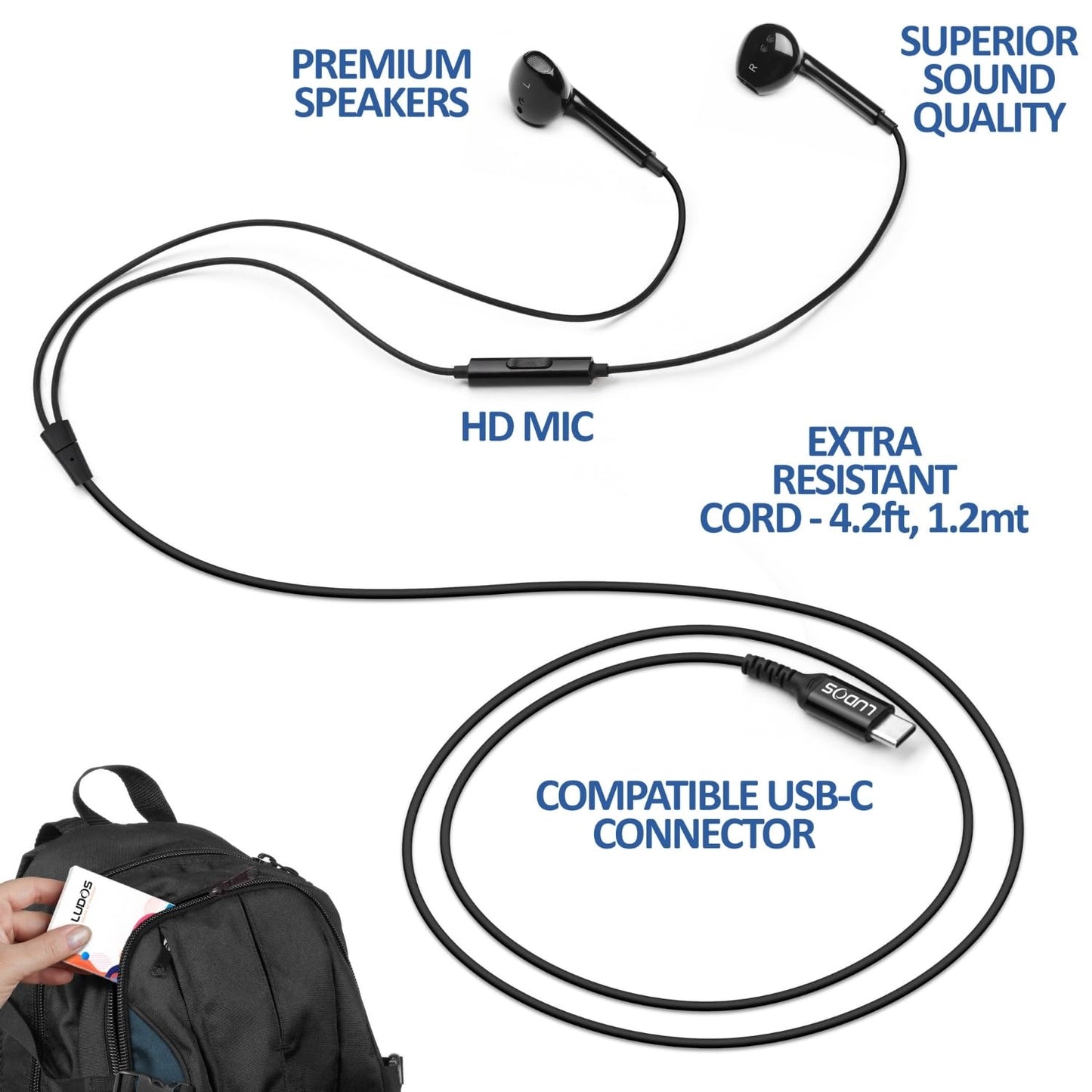 LUDOS Zenith USB C Headphones for iPhone 17 16 15 Pro Max Plus Air iPad Pro Air, 5 Years Warranty, USB-C Earbuds for Samsung Galaxy S24 S23 Ultra S22 S21 S20 A55 A54 A53, USB Type C Earphones - White