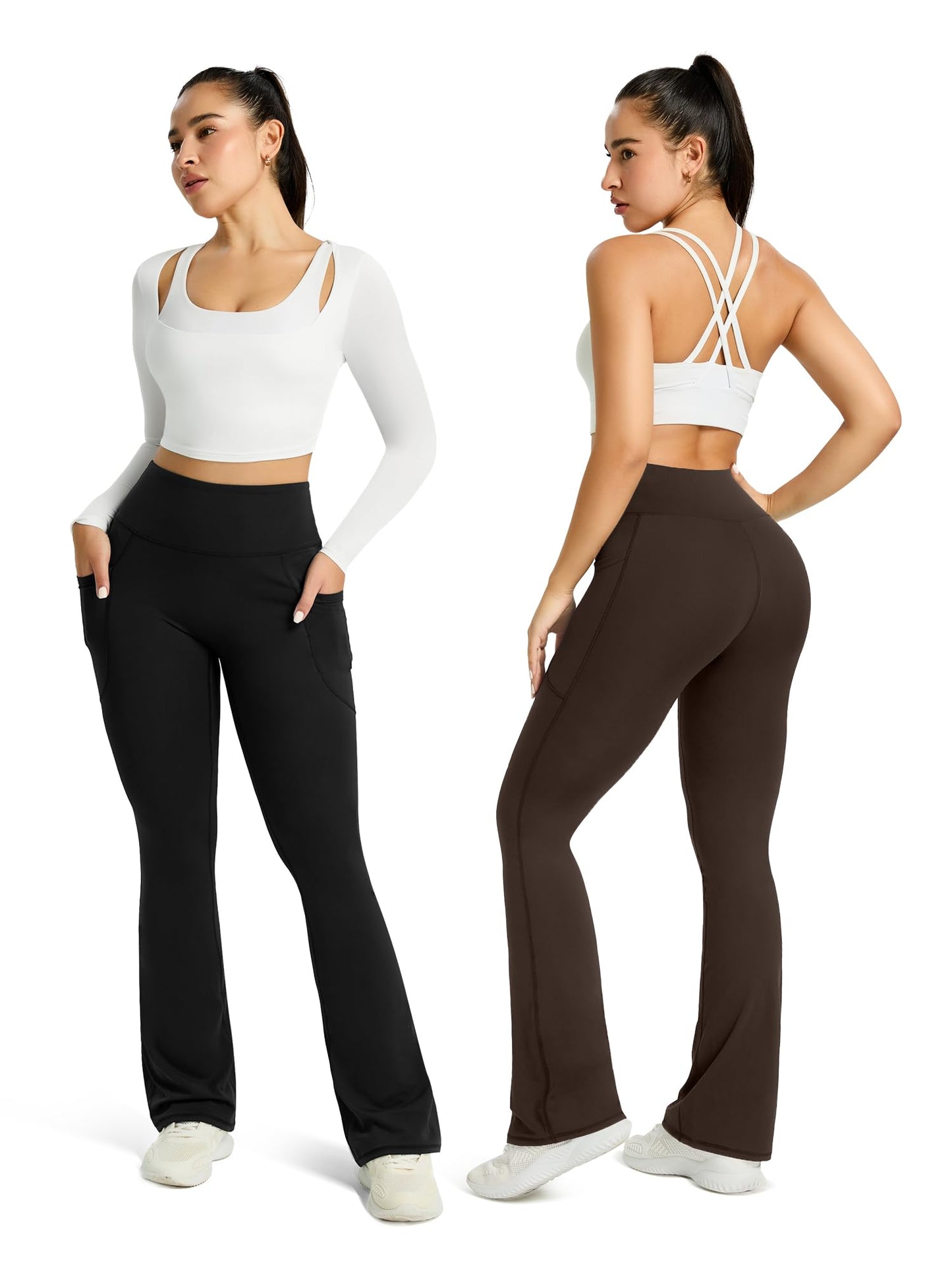 Womens Flared Yoga Pants with Pockets, High Waisted Flare Leggings Bell Bottom Bootcut Yoga Dress Pants