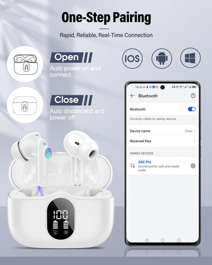 Wireless Earbuds, Bluetooth 5.4 Headphones Bass Stereo/Clear Calls, Black