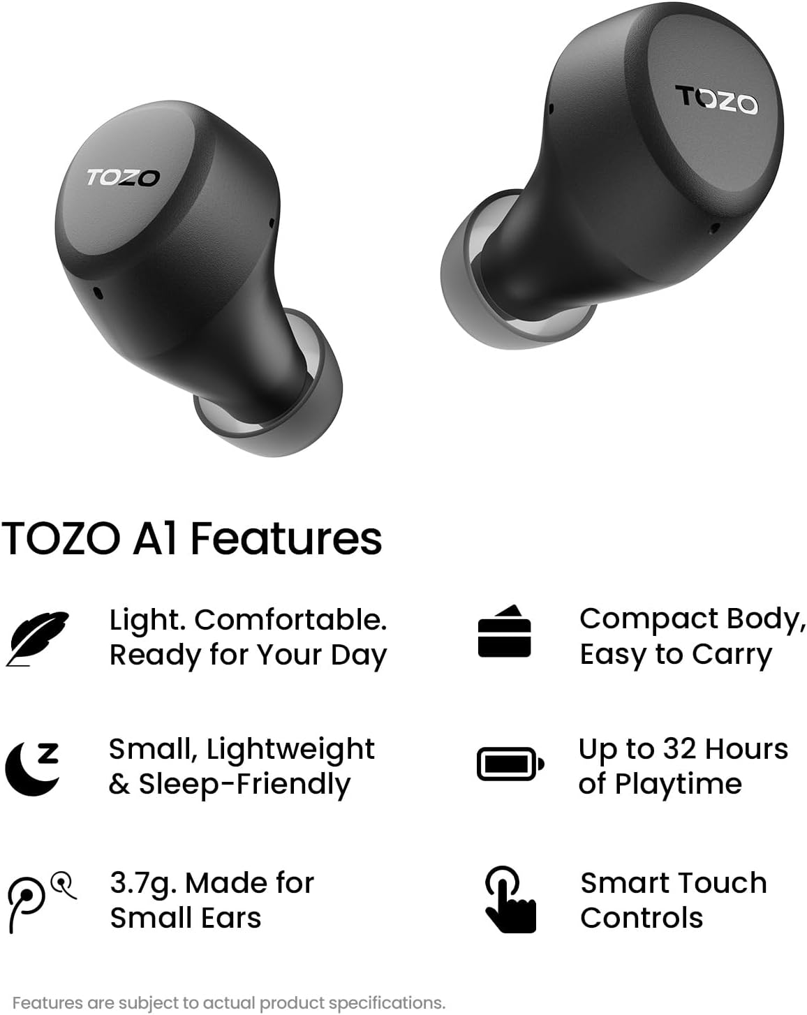 TOZO A1 Wireless Earbuds Bluetooth 5.3 Light Weight in Ear Headphones