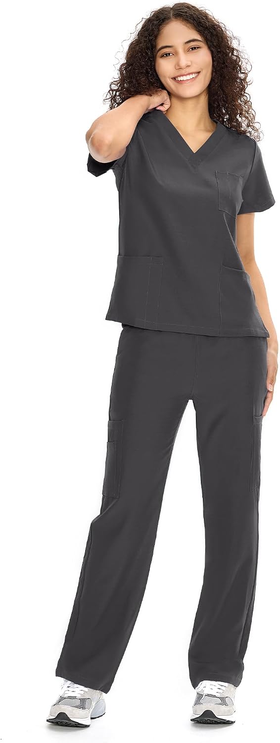 COZYFIT Scrubs for Women Set - V-Neck & Straight Leg Pants with 9 Pockets