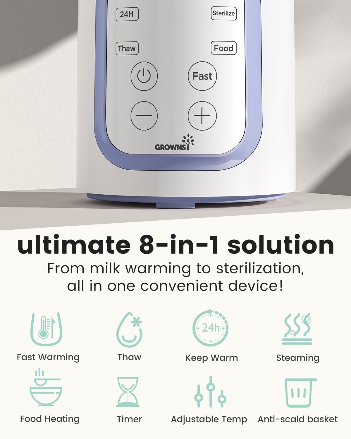 Grownsy 8-in-1 OG Fast Bottle Warmer with Timer, Gray