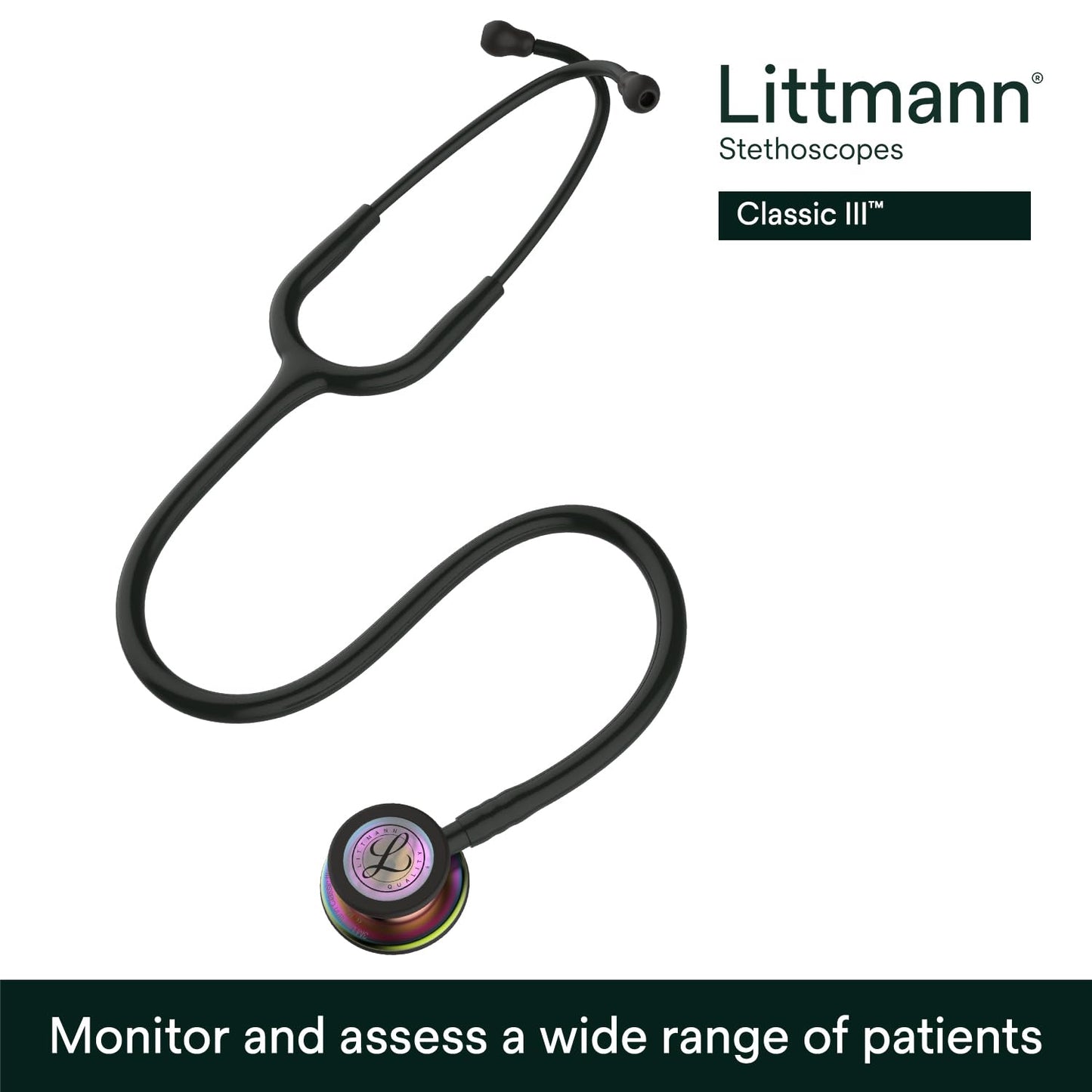 3M Littmann Classic III Monitoring Stethoscope, 5803, More Than 2X as Loud, Weighs Less, Stainless Steel Black-Finish Chestpiece, 27" Black Tube, Stem and Headset