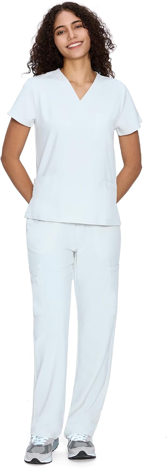 COZYFIT Scrubs for Women Set - V-Neck & Straight Leg Pants with 9 Pockets