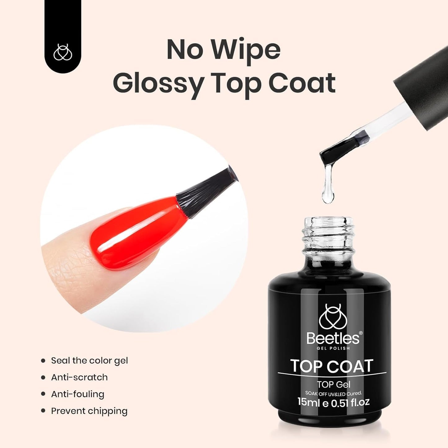 Beetles 2 Pcs 15ml No Wipe Gel Top Coat and Base Coat Set
