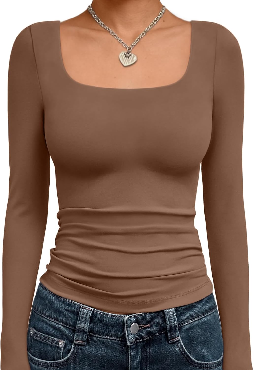 Trendy Queen Womens Square Neck Long Sleeve Shirts Double Lined Fall Tops