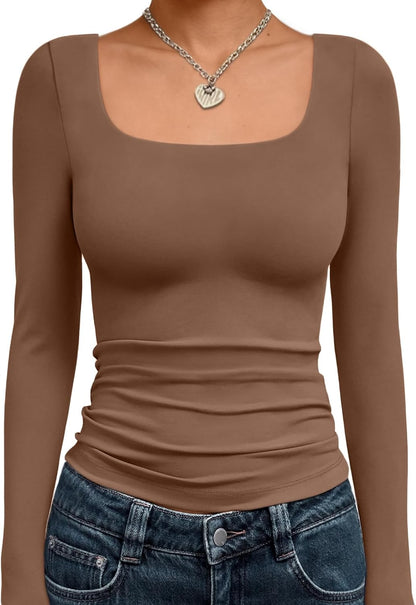 Trendy Queen Womens Square Neck Long Sleeve Shirts Double Lined Fall Tops
