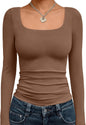 Trendy Queen Womens Square Neck Long Sleeve Shirts Double Lined Fall Tops
