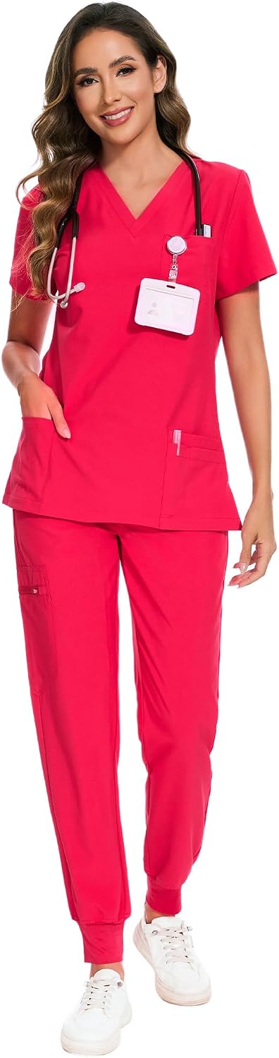 COZYFIT Scrubs for Women Set - Stretch V-Neck & Jogger Pant with 9 Pockets