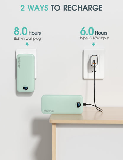 citicr Portable Charger 10000mAh PD20W w/Built-in Cables & Wall Plug White