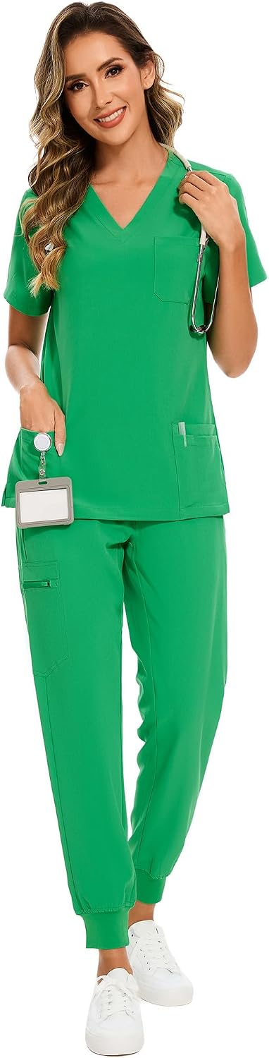 COZYFIT Scrubs for Women Set - Stretch V-Neck & Jogger Pant with 9 Pockets