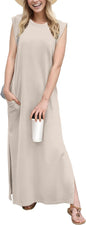 GRECERELLE 2026 Women Year-Round Casual Round Neck Loose Split Wrinkle-Free Long Maxi Vacation Dress with Pockets (XXS-4XL)