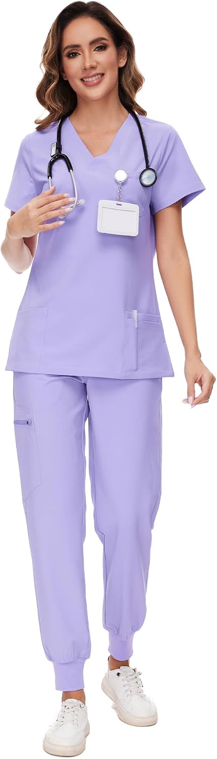 COZYFIT Scrubs for Women Set - Stretch V-Neck & Jogger Pant with 9 Pockets