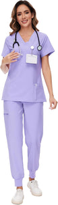 COZYFIT Scrubs for Women Set - Stretch V-Neck & Jogger Pant with 9 Pockets