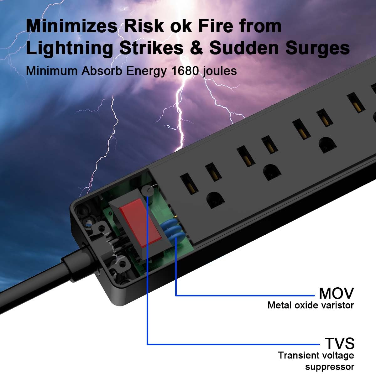 Yintar 6Ft Surge Protector Power Strip with 8 Outlets and 4 USB Ports