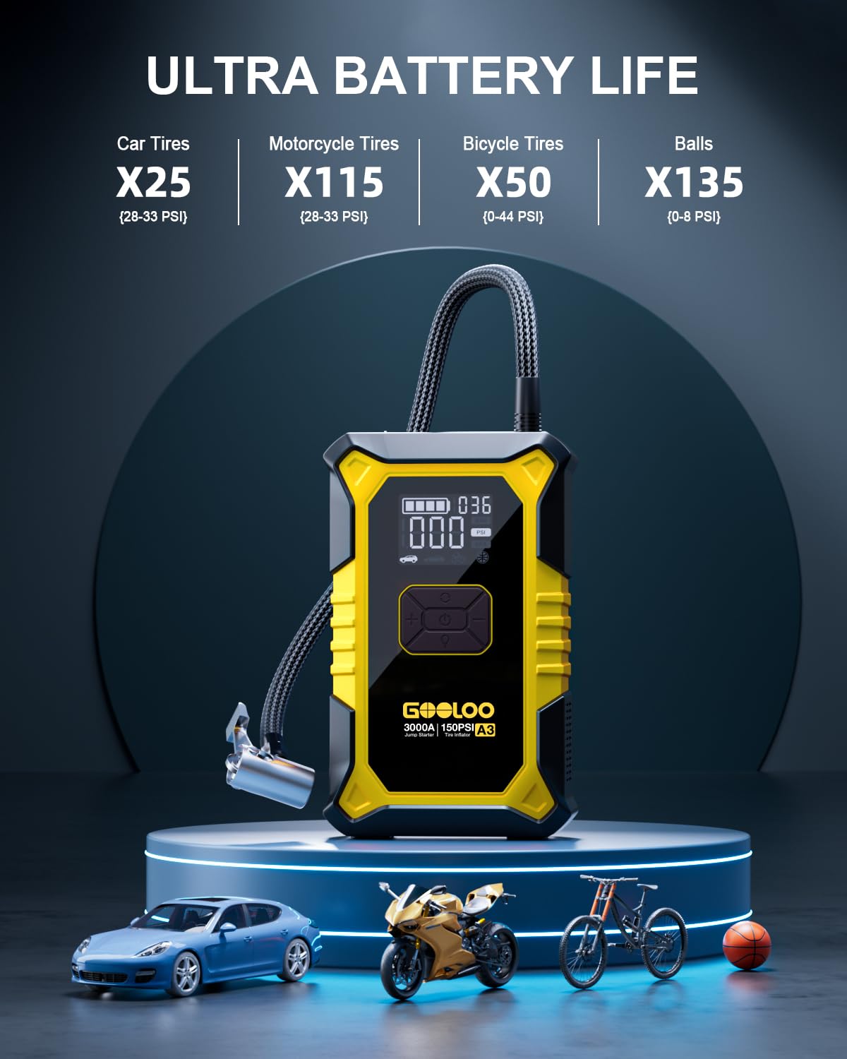 GOOLOO A3 12V 3000A Portable Jump Starter with Air Compressor