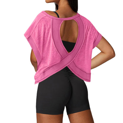 UNIANKIYA Open Back Workout Tops for Women Loose Fit Athletic Crop Tee Short Sleeve Gym Running Yoga Shirt