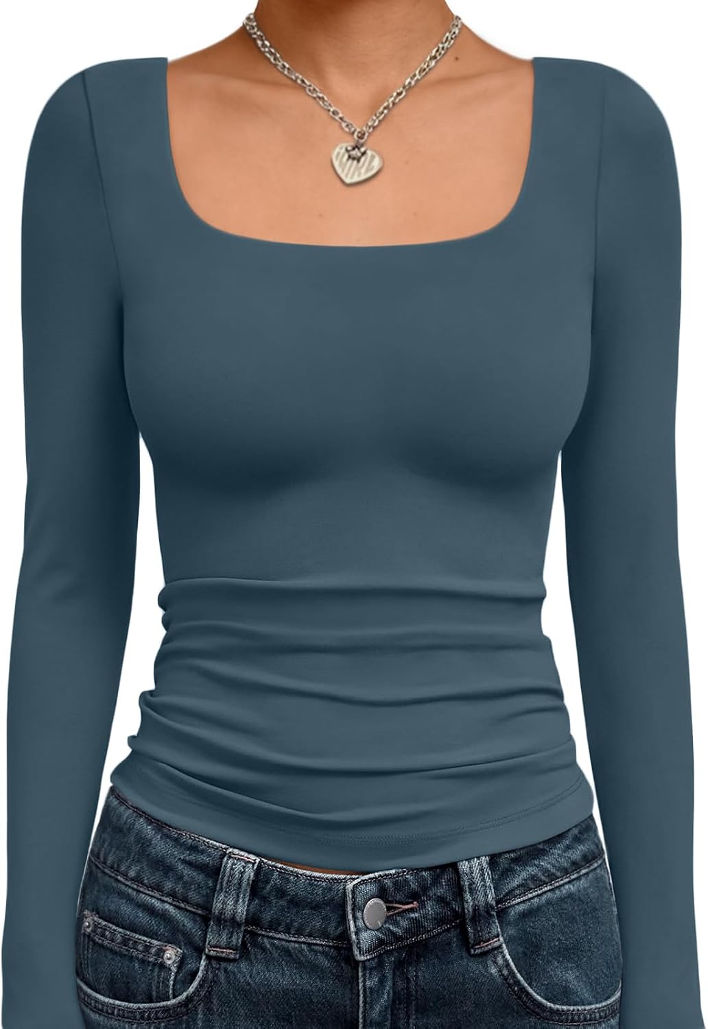 Trendy Queen Womens Square Neck Long Sleeve Shirts Double Lined Fall Tops