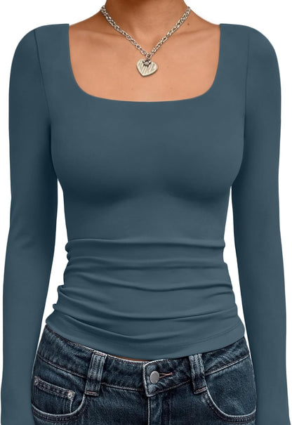 Trendy Queen Womens Square Neck Long Sleeve Shirts Double Lined Fall Tops