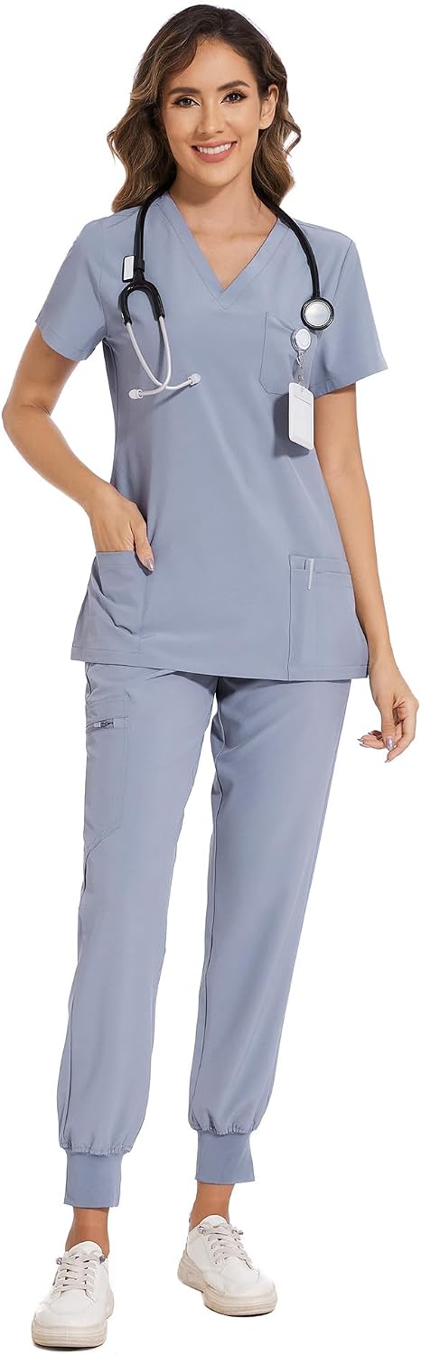 COZYFIT Scrubs for Women Set - Stretch V-Neck & Jogger Pant with 9 Pockets