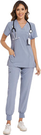 COZYFIT Scrubs for Women Set - Stretch V-Neck & Jogger Pant with 9 Pockets