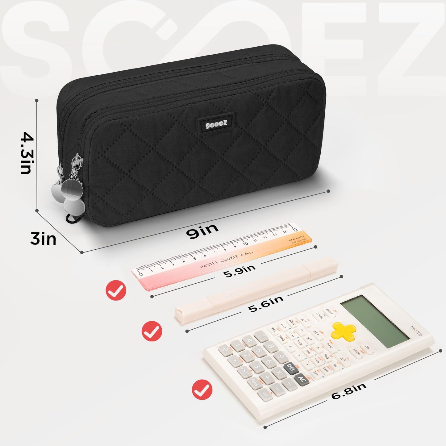 Sooez Large Pencil Case Pouch, Extra Big Pencil Bag with 8 Compartments, Pen Bag Wide Opening, Soft Quilted Pencil Pouch Organizer with Zipper, Portable Pencil Case for Teen Girls, Beige