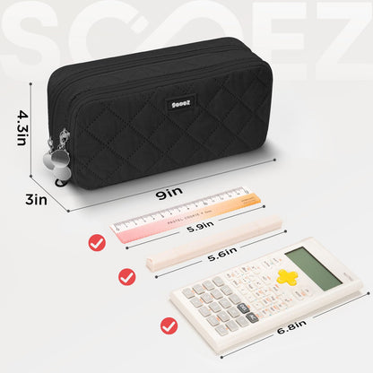 Sooez Large Pencil Case Pouch, Extra Big Pencil Bag with 8 Compartments, Pen Bag Wide Opening, Soft Quilted Pencil Pouch Organizer with Zipper, Portable Pencil Case for Teen Girls, Beige