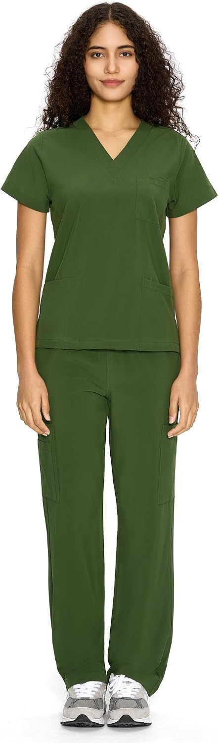 COZYFIT Scrubs for Women Set - V-Neck & Straight Leg Pants with 9 Pockets