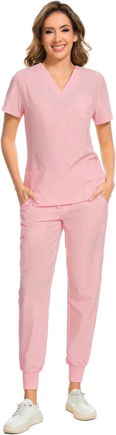 COZYFIT Scrubs for Women Set - Stretch V-Neck & Jogger Pant with 9 Pockets