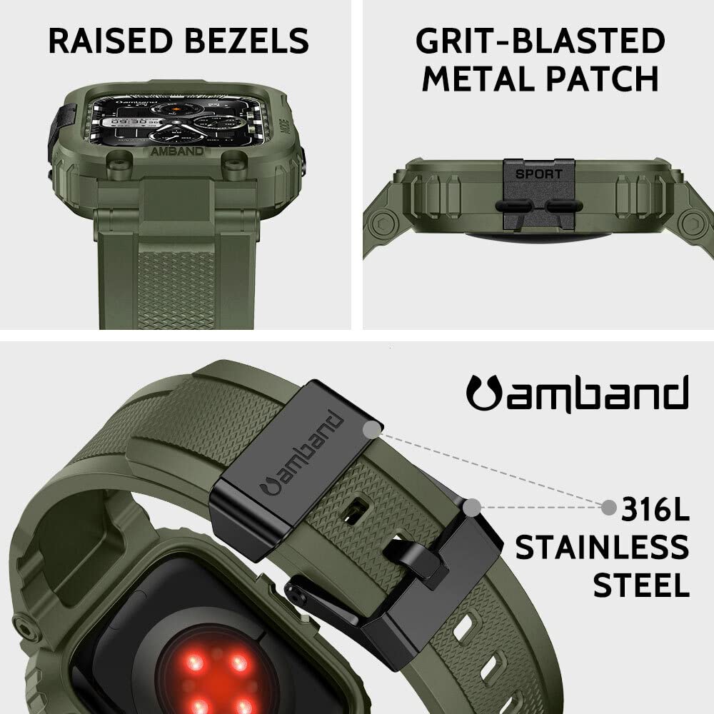 amBand Bands Compatible with Apple Watch 9/8/7/6/5/4 & SE 3/2/1 45mm/44mm Case for Men, M1 Sport Series Rugged Case Protective Cover for iWatch SE3/SE2/6/SE/5/4 44/45 mm Men Black