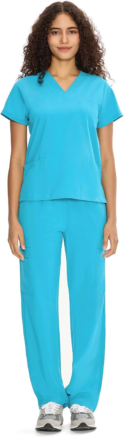 COZYFIT Scrubs for Women Set - V-Neck & Straight Leg Pants with 9 Pockets