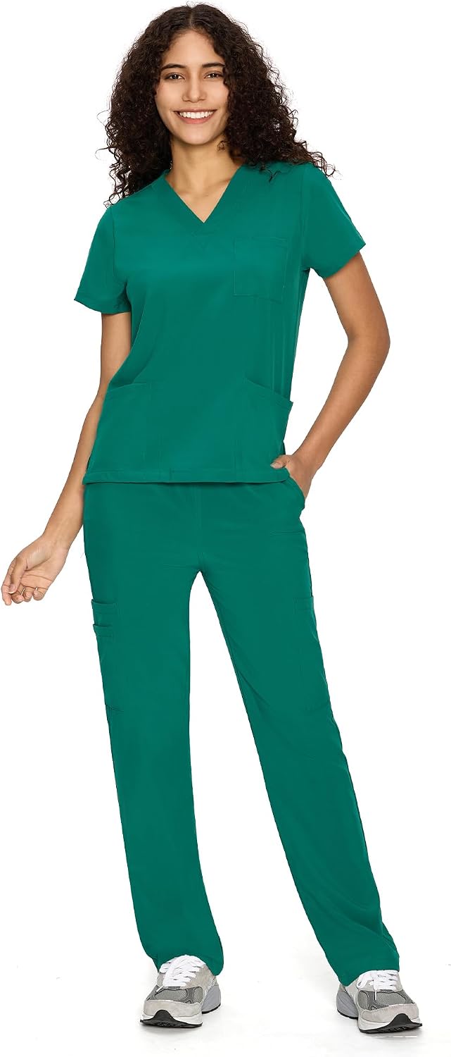 COZYFIT Scrubs for Women Set - V-Neck & Straight Leg Pants with 9 Pockets