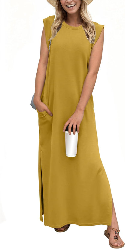 GRECERELLE 2026 Women Year-Round Casual Round Neck Loose Split Wrinkle-Free Long Maxi Vacation Dress with Pockets (XXS-4XL)